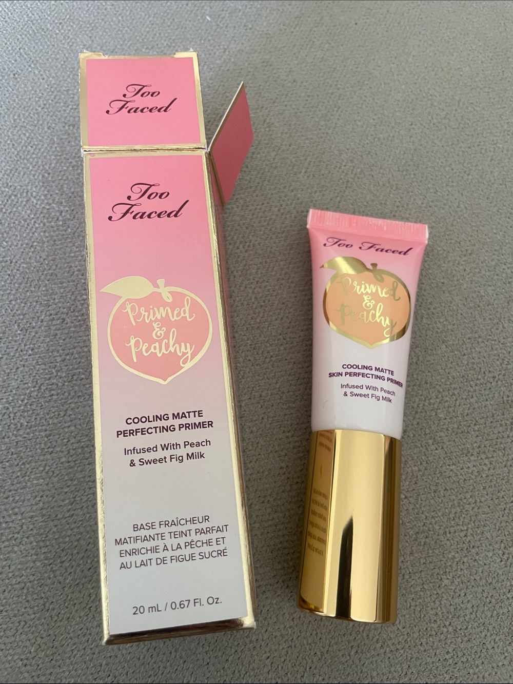 Too Faced Primed & Peachy Cooling Matte Primer — Pink & Gold Accents